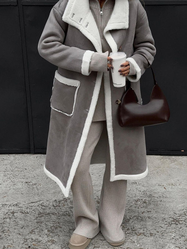Women's patch pocket gray and white color block coat lapel one-piece fur coat