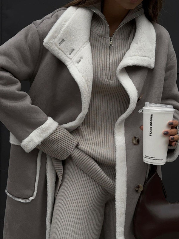 Women's patch pocket gray and white color block coat lapel one-piece fur coat