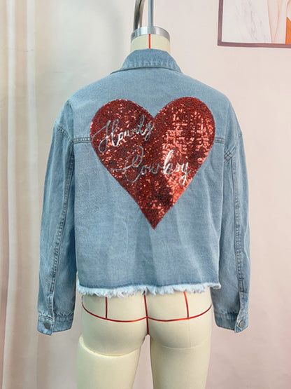 Women's love sequin denim jacket raw edge short top