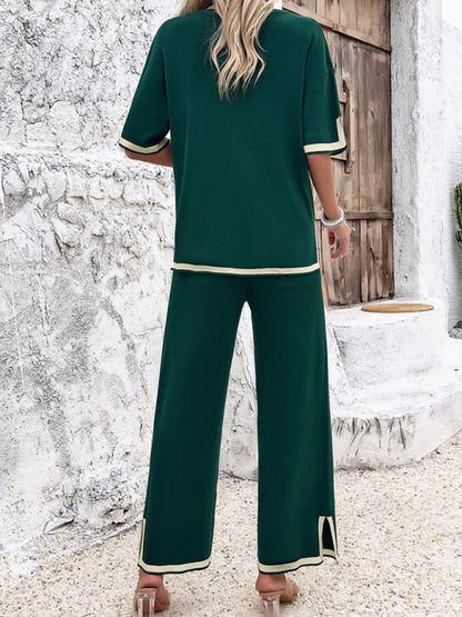 Women's casual color-blocked short-sleeved trousers knitted two-piece set