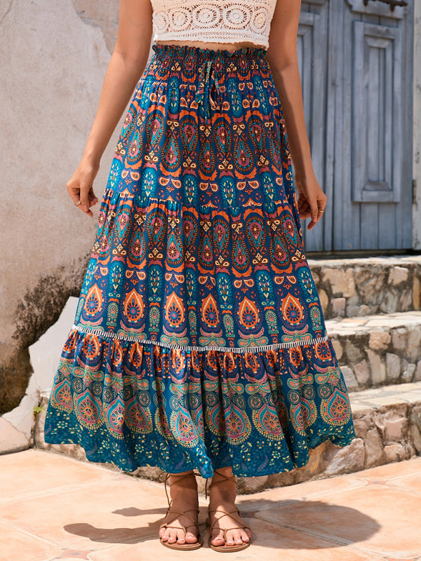 New Women's Bohemian Hollow Printed Patchwork Skirt