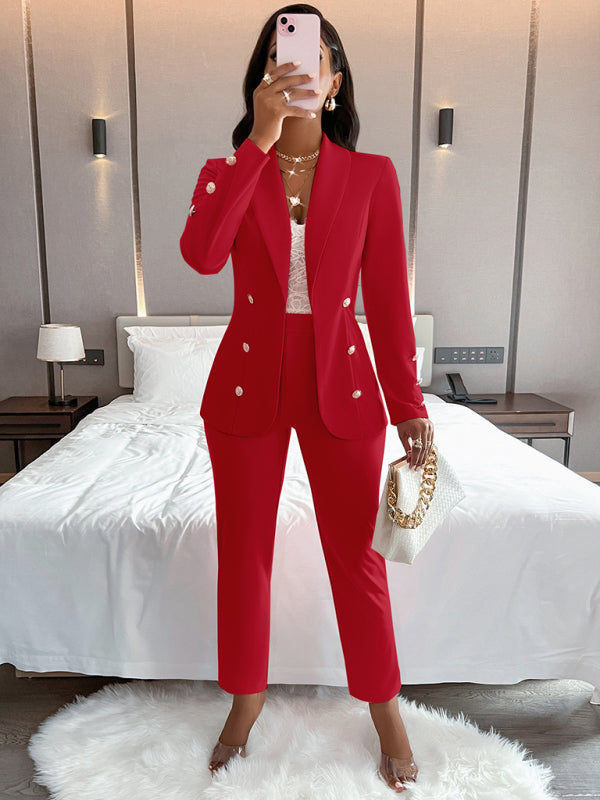 Women's solid color suit collar double breasted casual suit