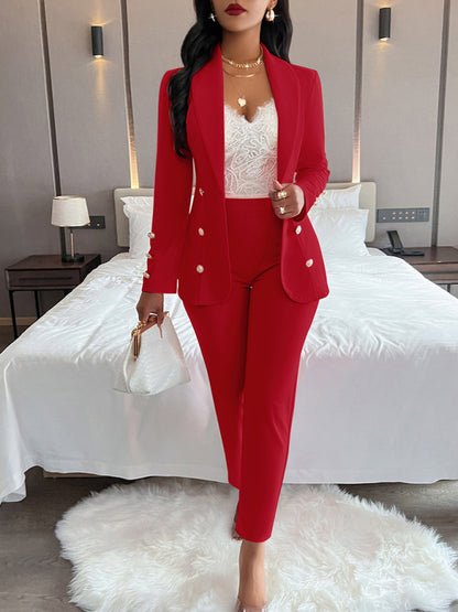 Women's solid color suit collar double breasted casual suit