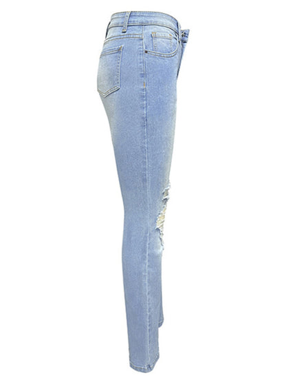 Women's washed ripped high-waisted denim wide-leg trousers