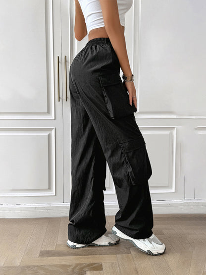 Women's new casual solid color multi-pocket workwear sports trousers