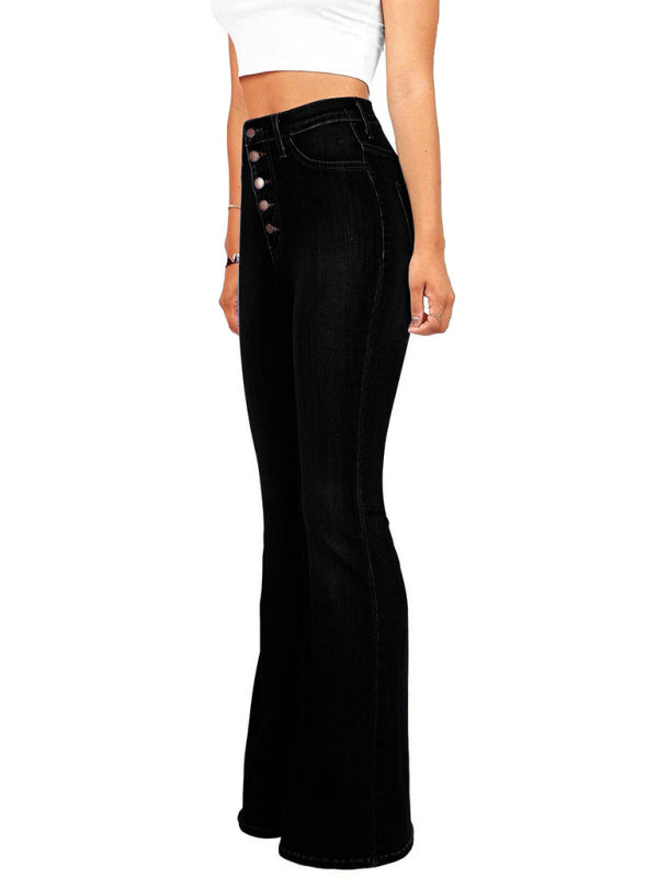 Women's new high-waist washed button slim fit slightly flared wide-leg denim trousers