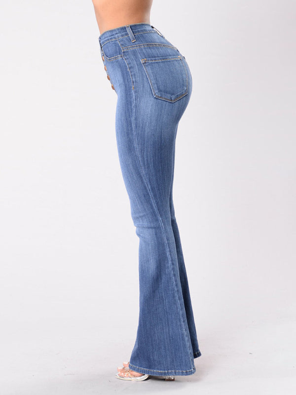 Women's new high-waist washed button slim fit slightly flared wide-leg denim trousers