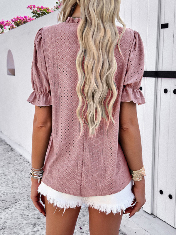 Casual solid color short sleeve hollow top
