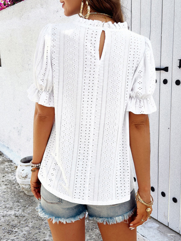 Casual solid color short sleeve hollow top