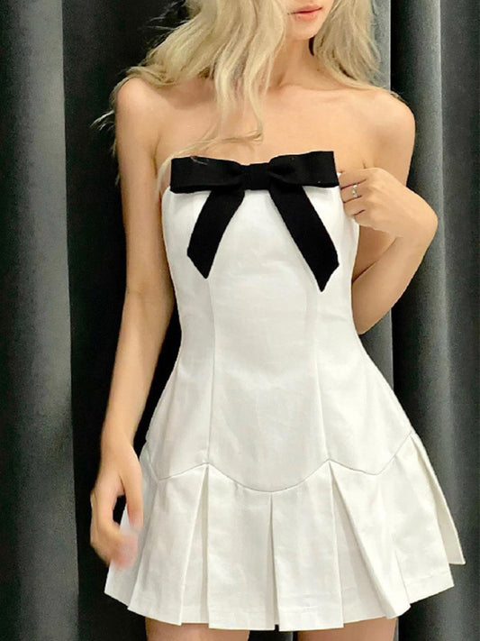 New sexy one-line bow pleated slim fit tube top dress
