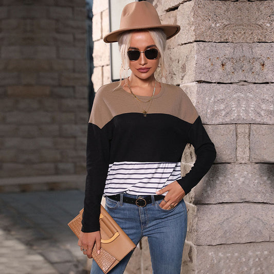Women's Long Sleeve Panelled Loose Striped Knit Sweater