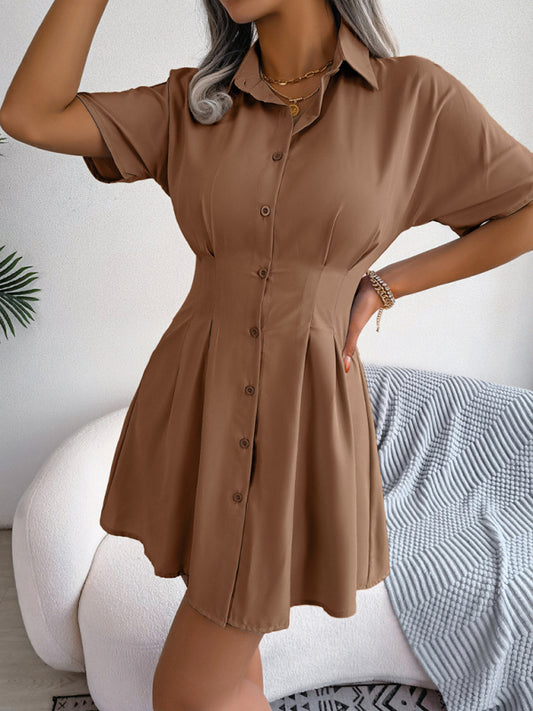 Women's solid color casual waist press folded short-sleeved shirt dress