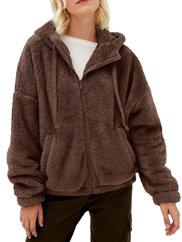 Women's casual zipper plush long sleeve hooded jacket