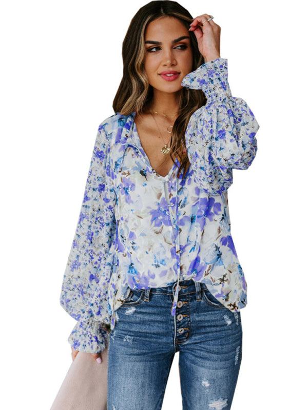 Women's Loose Floral Pattern Fashion Lantern Sleeve Top