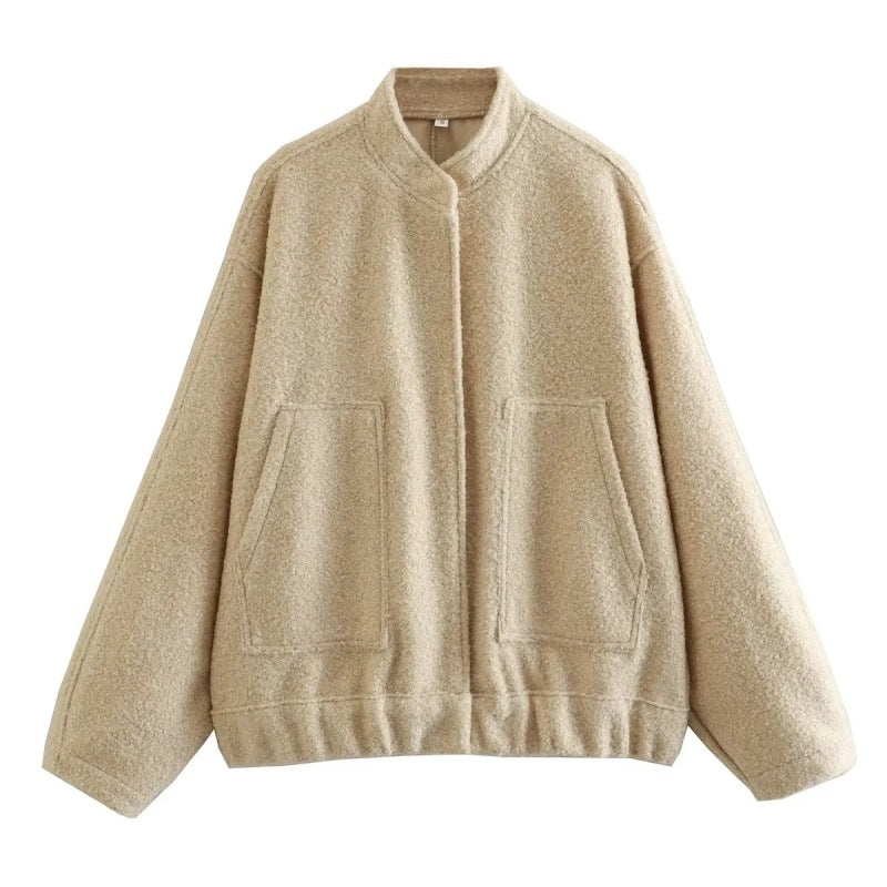 Loose casual jacket street stand collar concealed button jacket