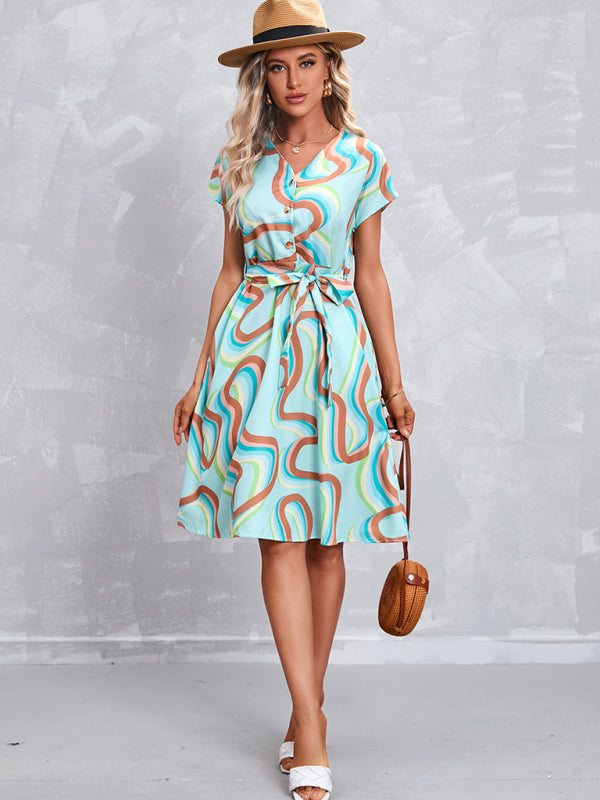 Summer New Hot Sale Printed Tie Short Sleeve Dress