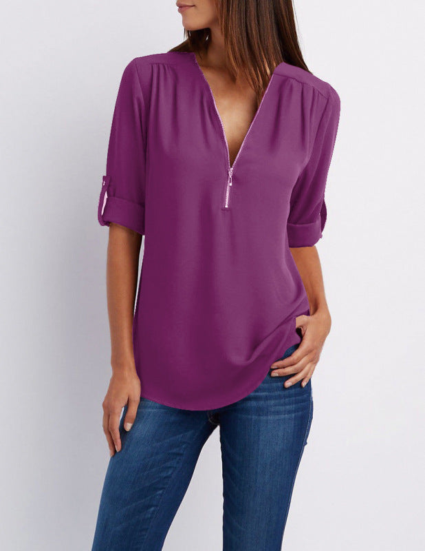 V-neck zipper large size women's long-sleeved pull-sleeve loose commuter chiffon shirt