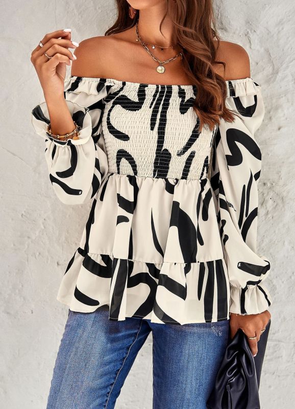 Women's Square Neck Temperament Casual Printed Long Sleeve Shirt Top