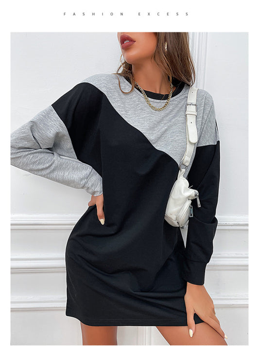 Contrast Color Loose Sweater Dress Long Sleeve Color Block Autumn Women's Dress