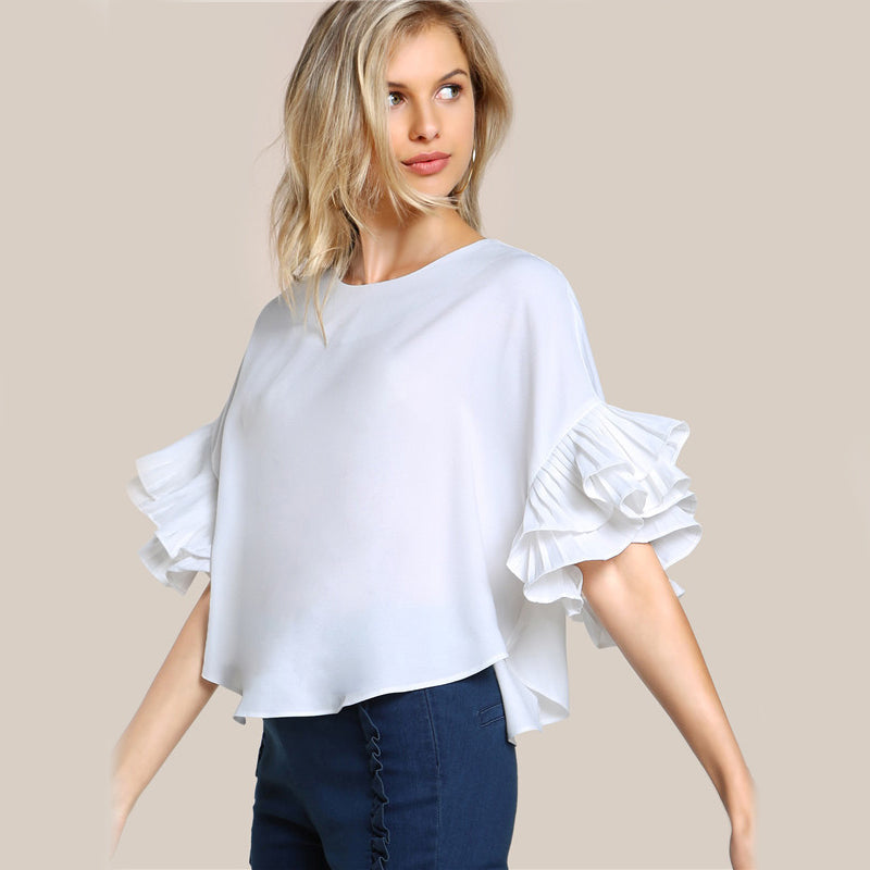 Round Neck Lotus Leaf Double Layer Flared Sleeve Short Fashion Top
