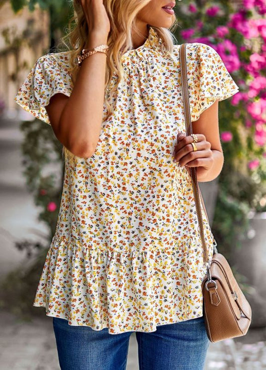 Summer new floral print turtleneck blouse loose holiday style