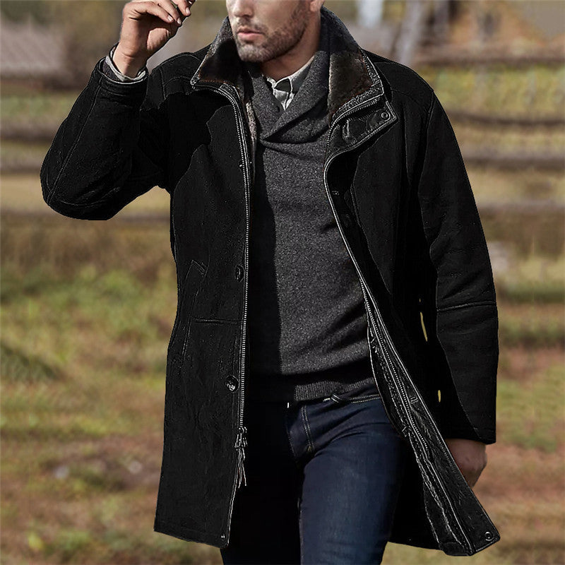 Men's mid-length loose zipper woolen coat (Black)