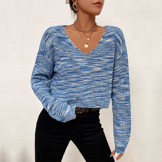 Women's Short Blue Long Sleeve V-Neck Sweater