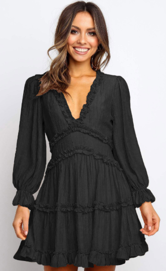 Black/Sky Blue/Blue/Green/Beige V Neck Ruffle Detailing Open Back Dress