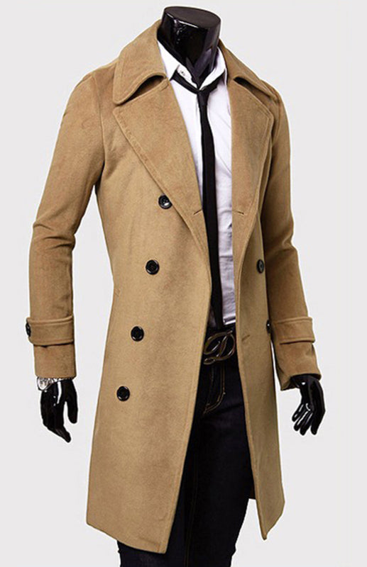 Men's Double Breasted Lengthened Simple Wool Coat (Camel)