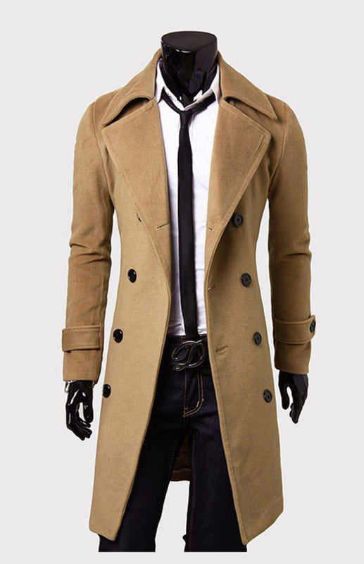 Men's Double Breasted Lengthened Simple Wool Coat (Camel)