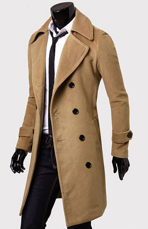 Men's Double Breasted Lengthened Simple Wool Coat (Camel)