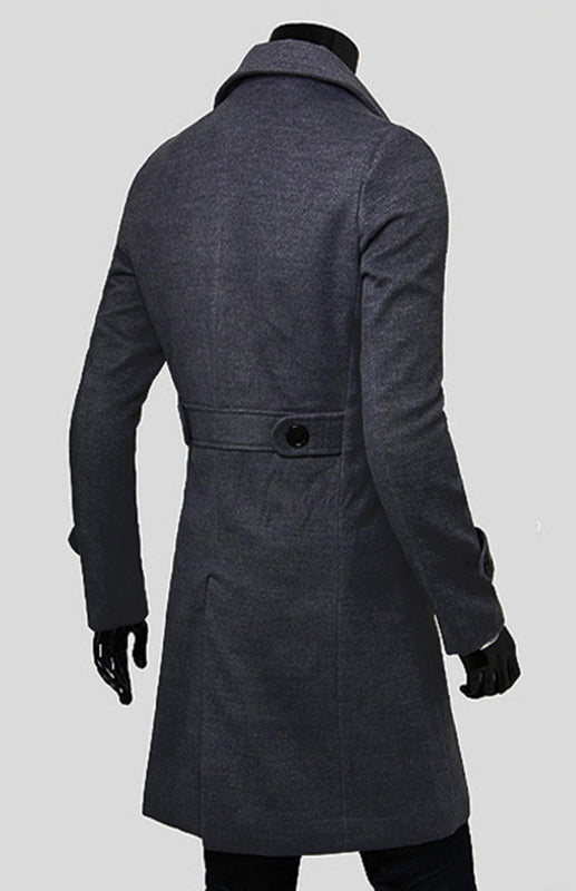 Men's Double Breasted Lengthened Simple Wool Coat (Grey)