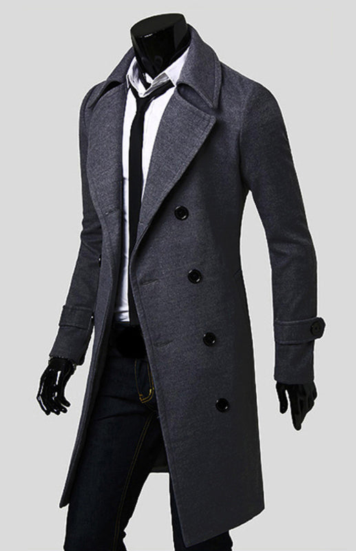 Men's Double Breasted Lengthened Simple Wool Coat (Grey)