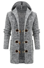 Men's Mid Length Hooded Knit Cardigan Horn Buckle Hooded Long Sweater