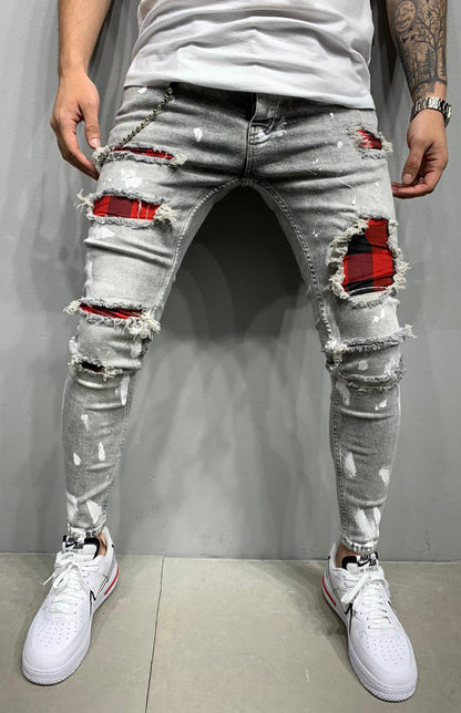 Men's Fashion Mid Waist Ripped Slim Jeans