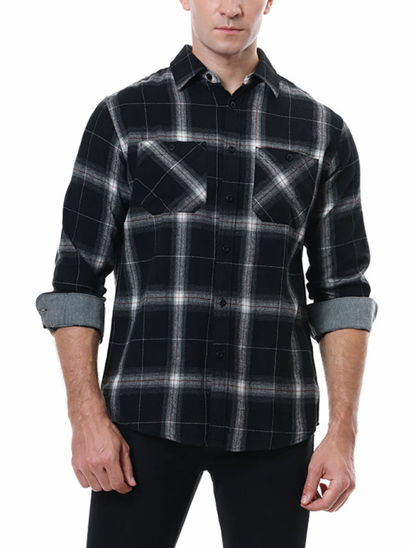 Men's facecloth plaid long-sleeved lapel shirt