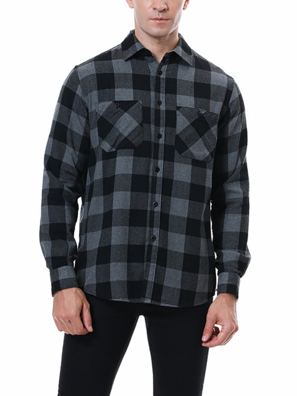 Men's facecloth plaid long-sleeved lapel shirt