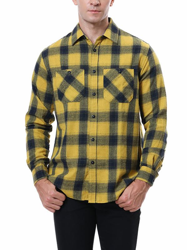Men's facecloth plaid long-sleeved lapel shirt