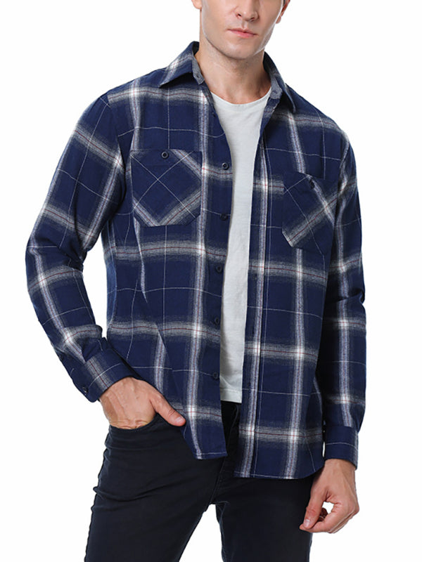 Men's facecloth plaid long-sleeved lapel shirt