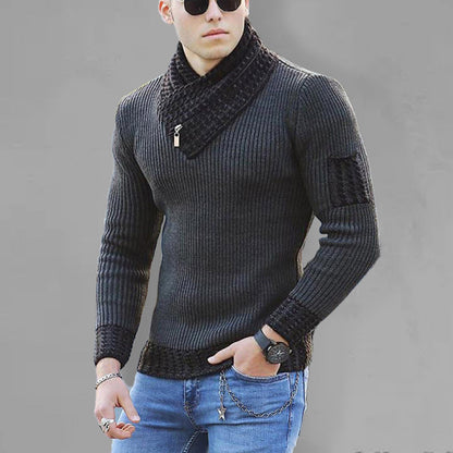 British Plus Size Men's Sweater Pullover Long Sleeve Scarf Turtleneck Men's Knitwear