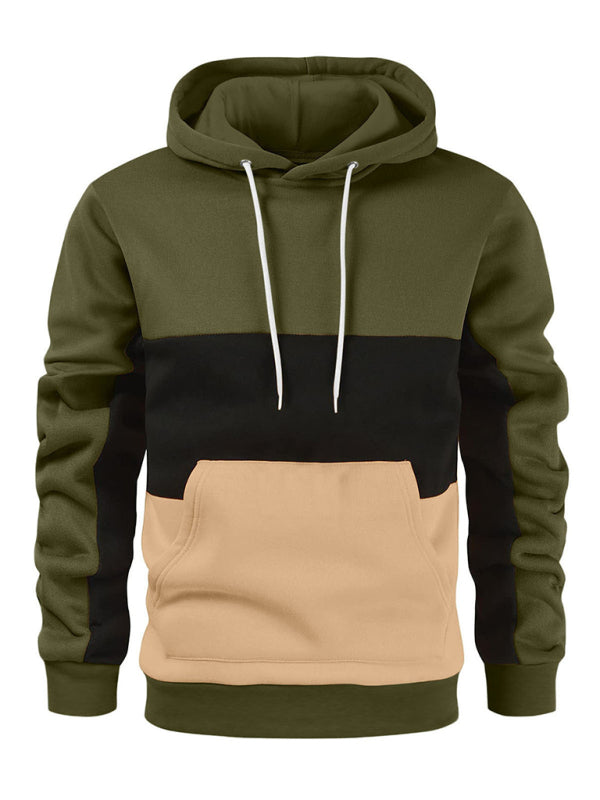 Men's Color Block Color Contrast Long Sleeve Hooded Sweatshirt (Olive Green)