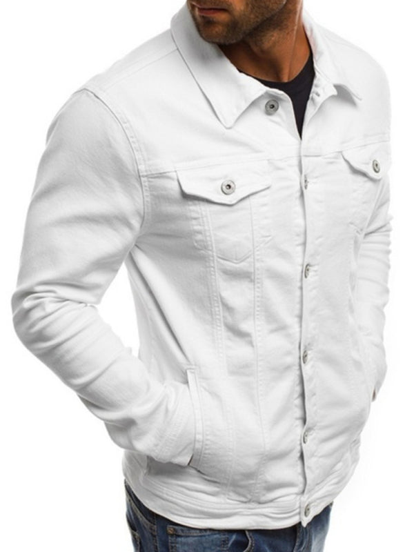 Trendy Fashion Casual Slim Denim Multi Pocket Button Stand Collar Jacket (White)
