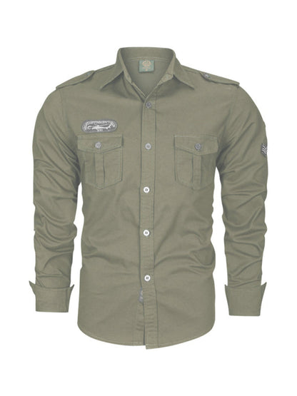 men's military style cotton long sleeve shirt