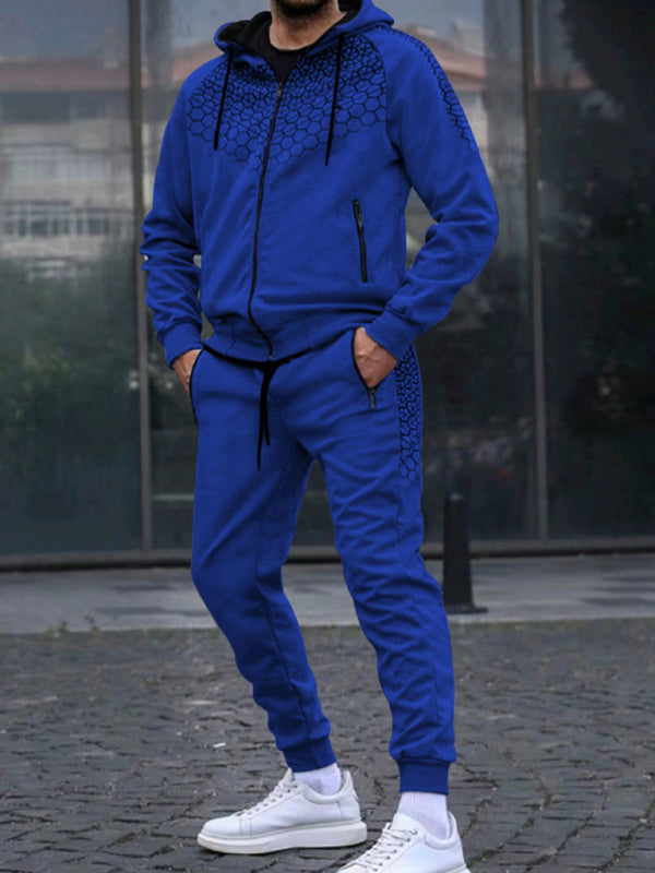 Men's Zipper Hooded Cardigan Jacket Honeycomb Print Casual Sweatshirt Trousers Set (Blue)