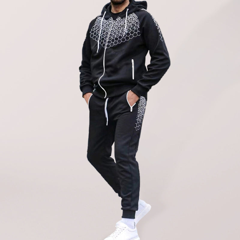 Men's Zipper Hooded Cardigan Jacket Honeycomb Print Casual Sweatshirt Trousers Set (Black)