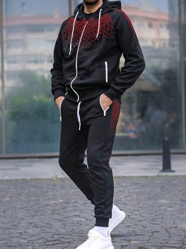Men's Zipper Hooded Cardigan Jacket Honeycomb Print Casual Sweatshirt Trousers Set (Dark Red)