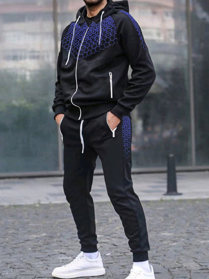 Men's Zipper Hooded Cardigan Jacket Honeycomb Print Casual Sweatshirt Trousers Set (Royal Blue)