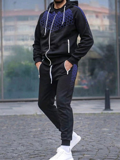 Men's Zipper Hooded Cardigan Jacket Honeycomb Print Casual Sweatshirt Trousers Set (Royal Blue)