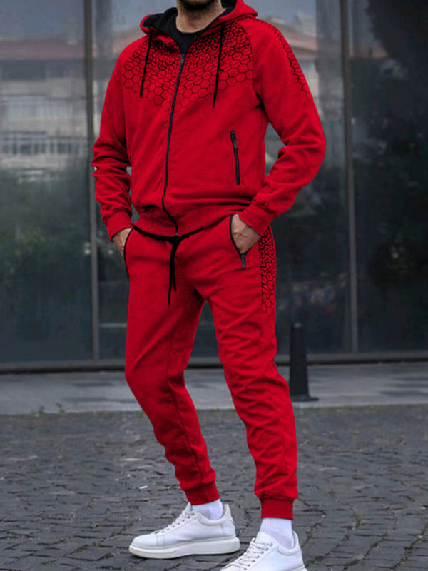 Men's Zipper Hooded Cardigan Jacket Honeycomb Print Casual Sweatshirt Trousers Set (Red)