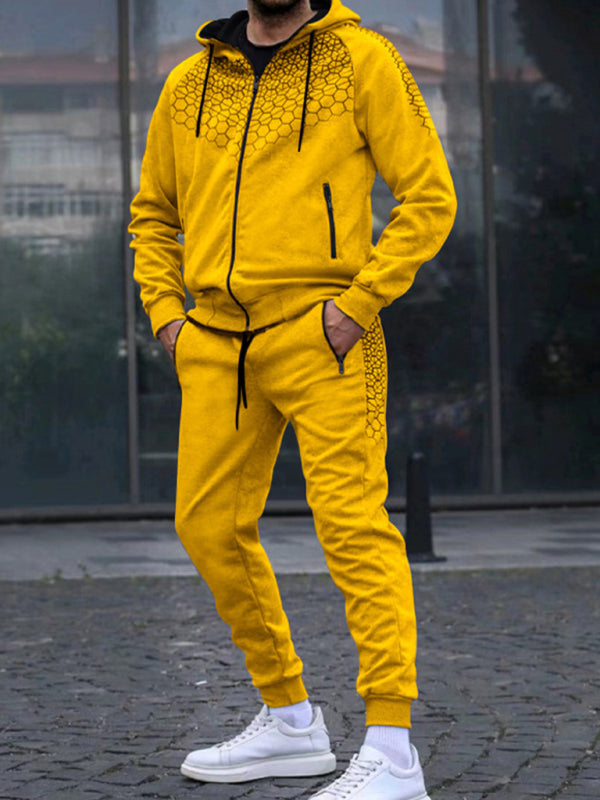 Men's Zipper Hooded Cardigan Jacket Honeycomb Print Casual Sweatshirt Trousers Set (Yellow)